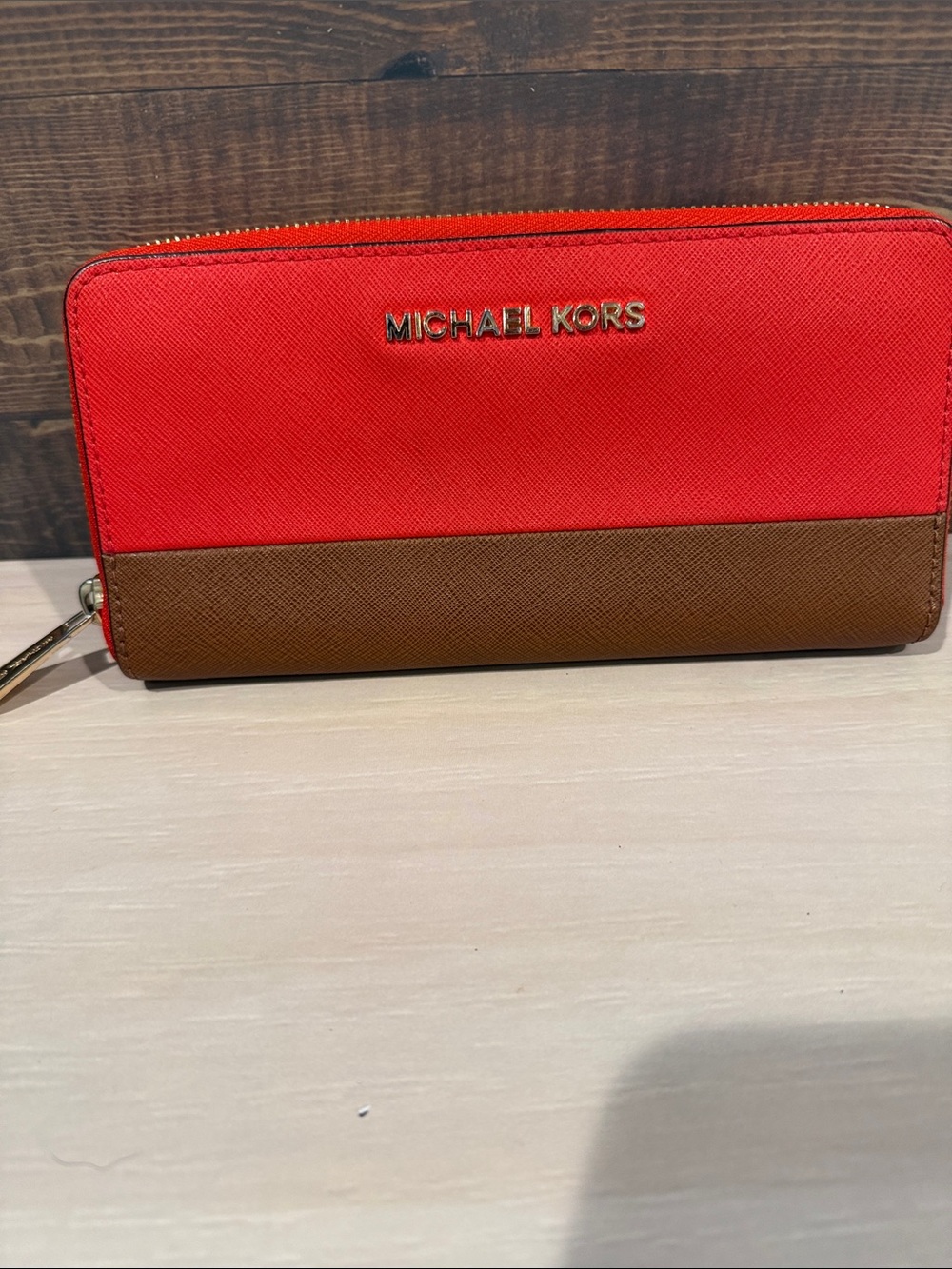 Michael Kors Two-Tone Red and Brown Zip Wallet